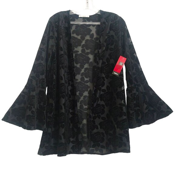 Black Velvet Burnout Floral Kimono Small Sheer Bell Sleeves Goth Romantic New - Picture 11 of 11